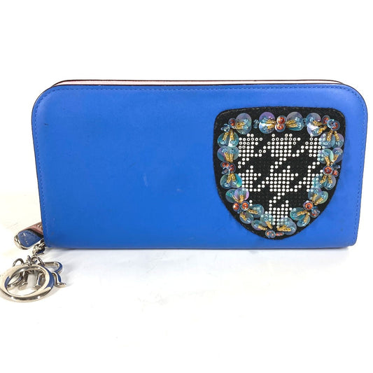 Dior Long Wallet Purse leather blue Long wallet Bijou rhinestone Women Used Authentic